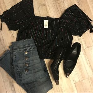 Express Black Puff Sleeve Off Shoulder Multicolor Sparkle Thread Linen Crop Top